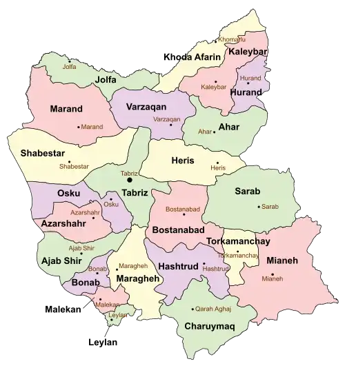 Location of Hashtrud County in&nbsp;East&nbsp;Azerbaijan&nbsp;province (bottom&nbsp;center,&nbsp;purple)