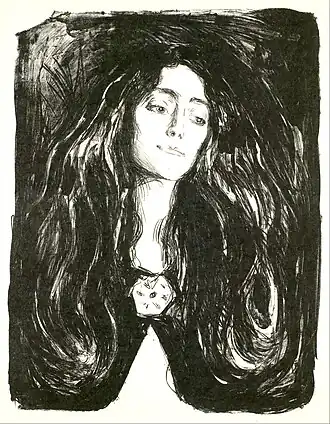 The Brooch, Eva Mudocci, 1903, lithograph print on paper, 76&nbsp;cm ×&nbsp;53.2&nbsp;cm (30&nbsp;in ×&nbsp;21&nbsp;in), Munch Museum, Oslo