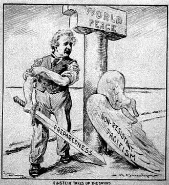 Cartoon of Einstein, who has shed his "Pacifism" wings, standing next to a pillar labeled "World Peace". He is rolling up his sleeves and holding a sword labeled "Preparedness".