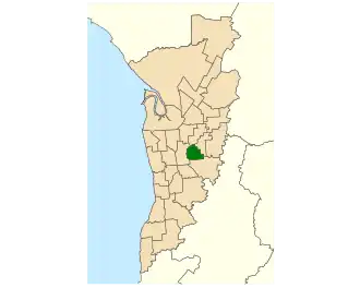 Map of Adelaide, South Australia with electoral district of Dunstan highlighted