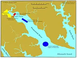 The Pasquotank River flows from the upper left corner to the bottom of the chart, entering Albemarle Sound about one-third of the chart width from the right edge. The outline of Elizabeth City is on the western side of the river, one-fourth of the chart height from the top. The river broadens from one mile near the city to three miles where it meets the sound, 15 mi (24 km) downstream. The Confederate defenses are a battery at Cobb's Point, near the southeastern edge of the city, and a line of ships stretching across the river from that point to the northeast. The Federal fleet is shown twice: its anchorage near the mouth of the river on 9 February, and the attacking column of 10 February,in the middle of the river and near the Confederate defensive line. A portion of the Little River is in the lower left corner, and the North River runs from the top to near the bottom of the right edge.