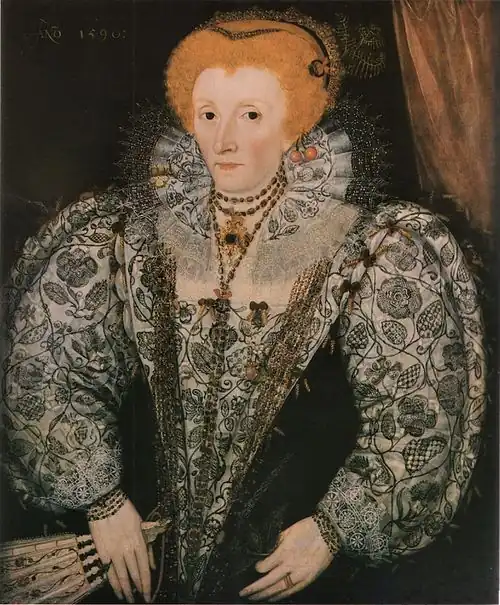 Elizabeth I wearing free-stitched blackwork sleeves, stomacher, and collar (beneath a sheer linen ruff), c. 1590[9]