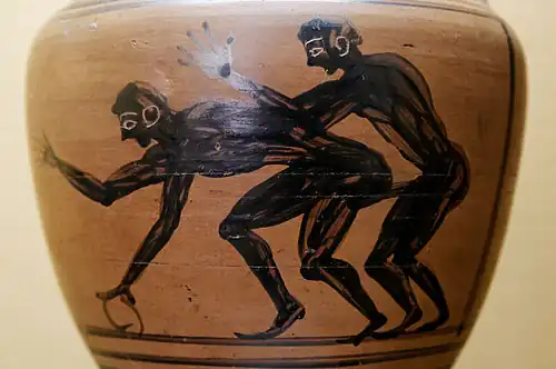 This Etruscan amphora (5th century B.C.) depicts two male youths engaging in anal intercourse.