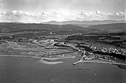 Aerial image of Cap-Chat. Mountains in the background.