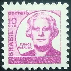 A Brazilian postage stamp, square, in violet color, featuring an image of Eunice Weaver.