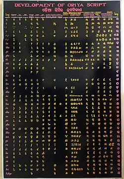 A detailed chart depicting evolution of the Odia script as displayed in a museum at Ratnagiri, Odisha