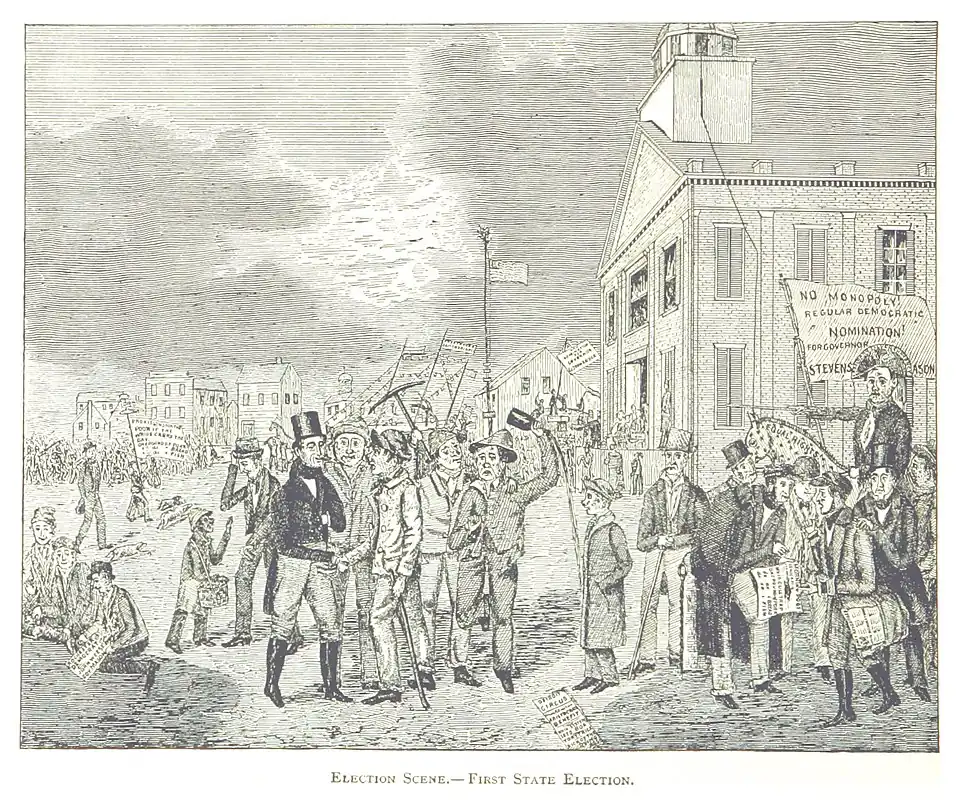 A Democratic Party activist dressed as Andrew Jackson during the 1835 Michigan gubernatorial election, under a banner that reads: "No monopoly! Regular Democratic nomination! For governor Stevens Mason."