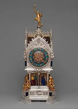Table clock with calendar, by the Bapst & Falize firm of Lucien Falize, Germain Bapst, Léon Chédeville and the firm of Le Roy et fils, 1881, silver, partly enameled gold, hardstones, rock crystal, amethysts, and diamonds, Metropolitan Museum of Art