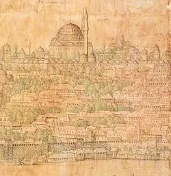 16th-century illustration showing the original Fatih Mosque (top)
