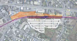 Engineering drawing showing the rail line relocated slightly to the west, with full-length high-level platforms running north from Brock Street
