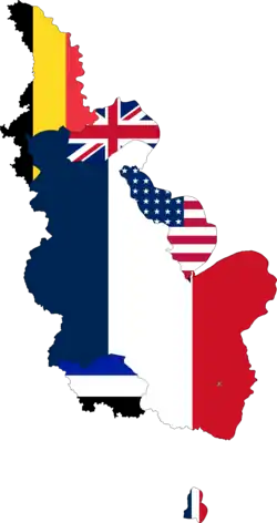 Flag map showing the Allied occupation zones in the Rhineland. Siam occupied a small sector within the French zone in the Palatinate.