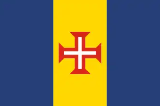 Blue-gold-blue vertical triband with a red-bordered white Cross of Christ.