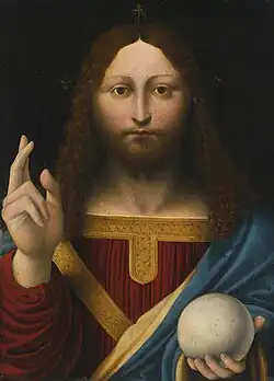 Lombard follower of Leonardo da Vinci (possibly Marco d'Oggiono), Salvator Mundi (16th century), private collection, formerly the Art Gallery of Ontario.[148]