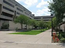 Courtyard. Posvar Hall is to the left and Hillman Library is to the right.