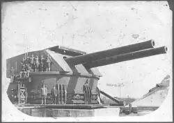 Twin 14-inch (356 mm) gun turret for Fort Drum undergoing tests at Sandy Hook Proving Ground.