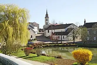 The lake and church in the centre of the village