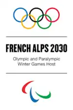 The Olympic rings and Paralympic agitos above and below the words "French Alps 2030, Olympic and Paralympic Winter Games host"