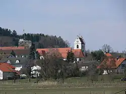Fronhofen with the tower ruins and the Church of Saints Conrad and Vincent