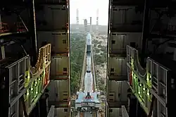 Fully integrated GSLV-F05 coming out of the Vehicle Assembly Building