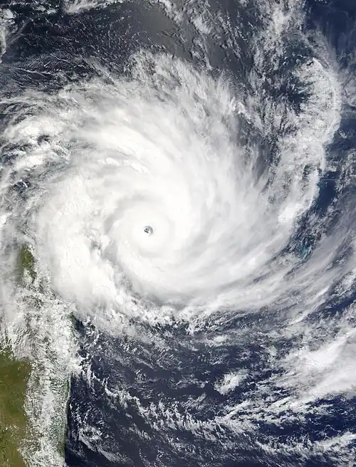 Image 14Satellite image of Cyclone Gafilo, a powerful Category 5 tropical cyclone which struck Madagascar in March 2004, causing devastating damage. This was taken just before landfall, when the system was at its peak intensity about 333 km (207 mi) east of Madagascar, with sustained windspeed of 260 km/h (160 mph). At least 250 people were listed dead, with more missing, and 300,000 people were left homeless due to Gafilo. (Credit: Terra satellite, NASA.) (from Portal:Earth sciences/Selected pictures)