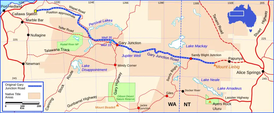 Map of the original Gary Junction Road 1350&nbsp;km in length.