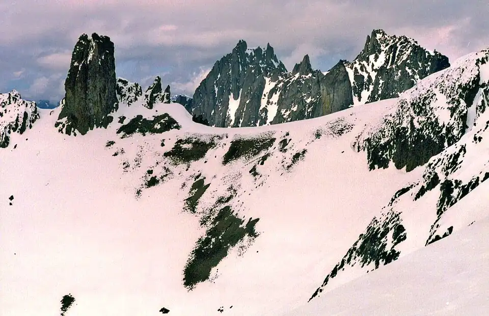 Gilhooley Tower upper left. Mount Johnson centered, and Martin Peak to right