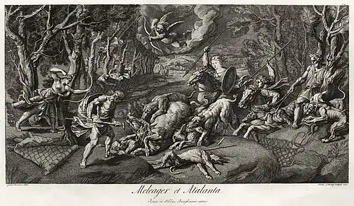 Image 11Meleager et Atalanta at Calydonian Boar, by Giulio Romano and François Louis Lonsing (edited by Adam Cuerden) (from Wikipedia:Featured pictures/Culture, entertainment, and lifestyle/Religion and mythology)
