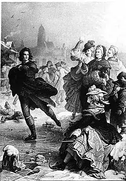 Ice skating crowd on the river Main, with Frankfurt in the background