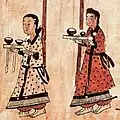 Goguryeo servants wearing a Chima (skirt) and a long jeogori jacket, Goguryeo mural paintings in Jilin province, China, 5th-century CE