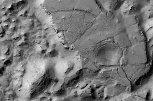 Gorgonum Chaos as seen by Mars Reconnaissance Orbiter HiRISE. Image is 4&nbsp;km (2.5&nbsp;mi) wide. Image in Phaethontis quadrangle.