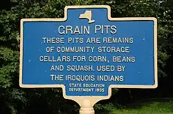 Sign with raised letters reading, "Grain Pits. These pits are remains of community storage cellars for corn, beans and squash. Used by the Iroquois Indians. State Education Department 1935"
