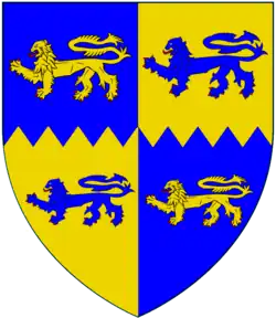 Arms of Gregory Cromwell, 1st Baron Cromwell: Quarterly, per fess, indented, azure and or, four lions passant counterchanged