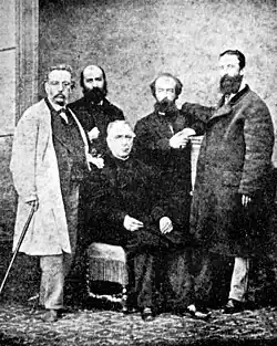 Fernando Garrido, Élie Reclus, José María Orense (seated), Aristide Rey and Giuseppe Fanelli, photograph of 1869.