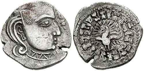 Silver head of Skandagupta, peacock on reverse, 455-467. Style of the Western Satraps.[108][109][110]