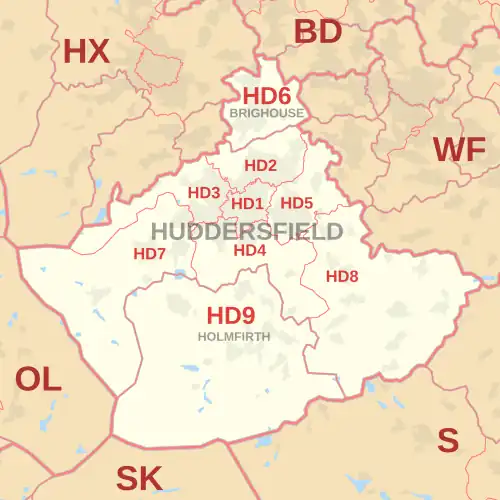 HD postcode area map, showing postcode districts, post towns and neighbouring postcode areas.