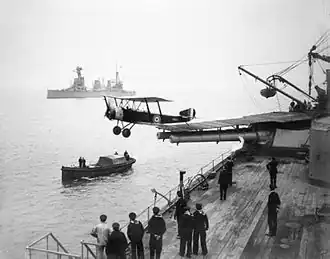 Image 2A Sopwith 1½ Strutter aircraft taking off from a temporary flight deck on the first HMAS Australia, a battle cruiser, in 1918. (from History of the Royal Australian Navy)