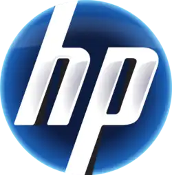 A stylized glossy blue circle with the stylized italic letters "hp" on it