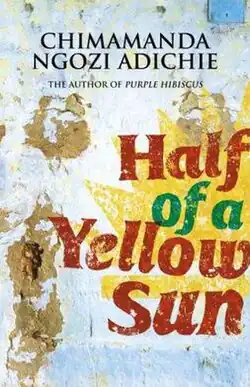 Book cover depicting an artwork of a star-like shape of a sun and texts, "Half of a Yellow Sun" and "Chimamanda Ngozi Adichie".
