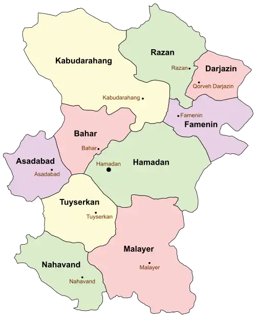 Location of Hamadan County in&nbsp;Hamadan&nbsp;province (center, green)