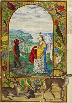 Fourth Parable: queen offers a robe to a man with a jet black body except for his bright red head and right arm, as well as his white left arm. The man is rising from a dirty pond, his head partially enclosed by a glass globe.