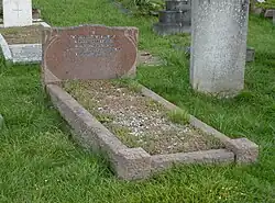 A red granite gravestone in a grassy cemetery
