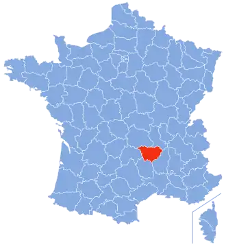 In red, the modern territory of Haute-Loire (most of it was former Velay) within France