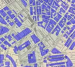 Approximate location of 2006 buildings overlaid on an 1881 map. No 1881 buildings remain.