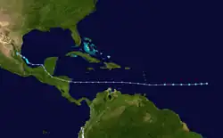Track of a weak and disorganized tropical cyclone across the eastern Atlantic, Caribbean Sea, and Bay of Campeche