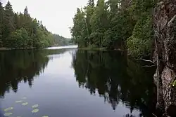 Lakes and other water bodies are common in the taiga. The Helvetinjärvi National Park, Finland, is situated in the closed canopy taiga (mid-boreal to south-boreal)[27] with mean annual temperature of 4&nbsp;°C (39&nbsp;°F).[28]