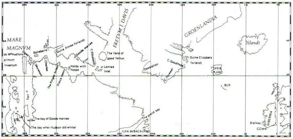 Henry Hudson's map depicting location of Digges Islands in the far west.