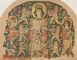 Byzantine tapestry, featuring Hestia seated in the middle. There are attendants surrounding her offering her gifts. The primary colors are green, red, and black on a yellowed background.