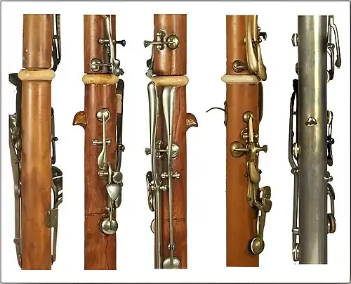 Different models of thumb rest on historical clarinets (from left): without rest, wooden rest, metal rests