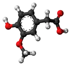 Ball-and-stick model of the homovanillic acid molecule