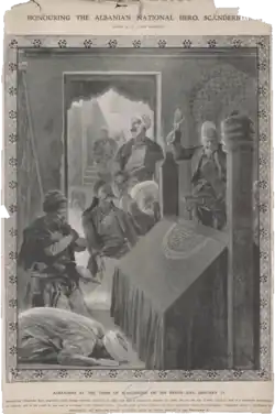 Honoring the Albanian National Hero, Scanderbeg. Albanians at the Tomb of Scanderbeg on His Death Day. Drawn by R. Caton Woodville, 17 January 1908.